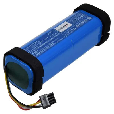 A blue battery pack with a black connector cable and black foam padding on the ends, isolated on a white background.