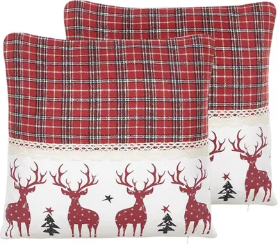 Produktbild von BELIANI Dekokissen 2er Set Rot Baumwolle 45 x 45 cm Tiermotiv Weihnachtskissen Wohnzimmer Salon Schlafzimmer Modern