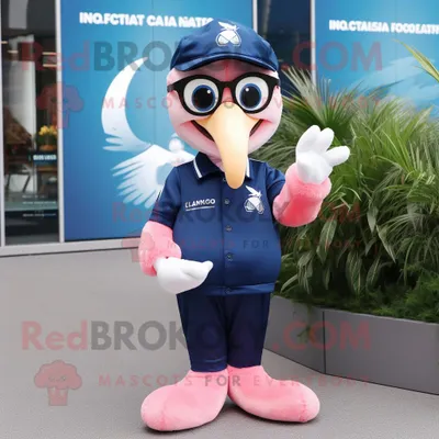 Produktbild von Marineblauer REDBROKOLY Flamingo Maskottchen Kostüm charakter bekleidet mit einem Rugby-Shirt und einer Brille