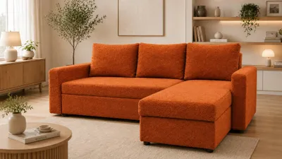 Produktbild von TEDDY Ecksofa mit Schlaffunktion 220 cm Schlafsofa Rostig Bouclé Bettkasten Bonellfederung