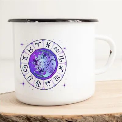 Produktbild von Huuraa Emaille Tasse Astrologie Sternzeichen Geschenk Kaffeebecher Vintage 300ml Astrologie Sternzeichen Präsent