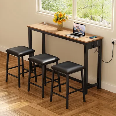 Produktbild von Esstisch- und Stuhlset, Bartisch- und Stuhlset, 1 Tisch und 3 Stühle, Loungesessel mit vier Metallbeinen, rechteckiger Esstisch, wiederaufladbarer
