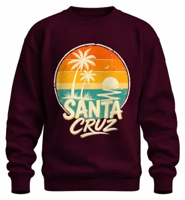 Zdjęcie produktu dla Bluza z kapturem, styl retro, Santa Cruz, motyw plaży, surfing, zachód słońca, lata 80., kolor burgundowy, rozmiar XXL