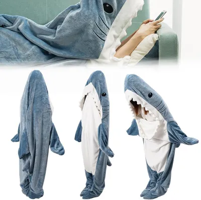 Produktbild von Hai-Decke für Erwachsene – Hai-Decke – Schlafsack-Kleidung – Flanell-Hoodie – Hai-Einteiler-Schlafsack – superweicher Flanell-Schlafsack mit Haischwanz-Kapuze – XL (Graublau)