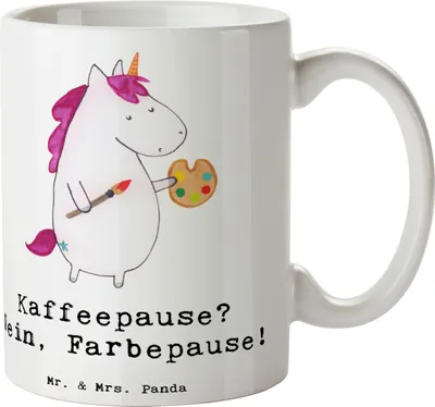 Produktbild von Mr. & Mrs. Panda Tasse Künstlerin Farbepause - Weiß - Geschenk, Teetasse, Keramiktasse, kaffeetasse bedruckt, Skulpturen, Pott, handgefertigte Geschenke, Berufsleben