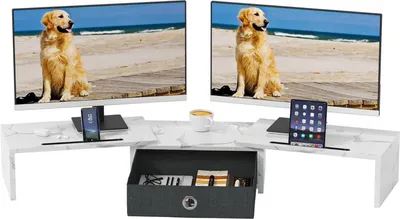 Obrázok produktu pre Stojan na monitor so zásuvkou│Stojan na monitor pre 2 monitory│Drevený TV stojan na PC Biely 99 x 23,6 x 15,5 cm