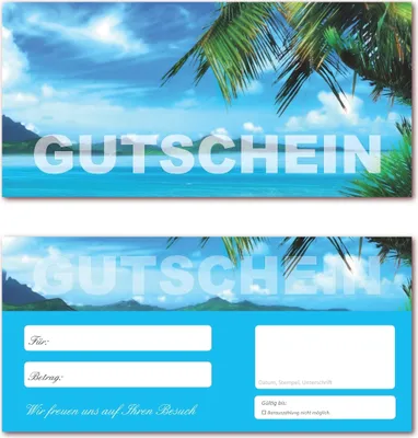 Produktbild von 10 Stück Geschenkgutscheine (Palmenstrand-619) Gutscheine Gutscheinkarten für Bereiche wie Reisen, Urlaub und Wellness