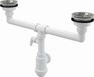 A white plastic double sink siphon with stainless steel strainers against a white background.