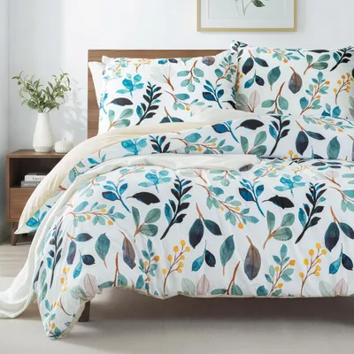 Productafbeelding van Bettenset, 200x200 cm, 3-delig, blauw, bloemenprint, microvezel