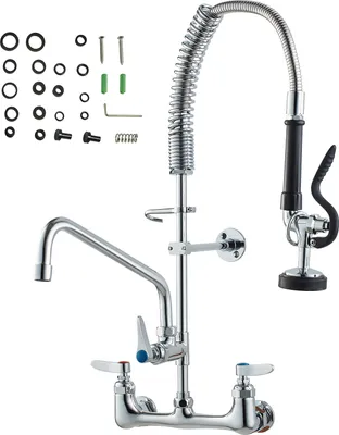 Zdjęcie produktu dla SucceBuy bateria zlewozmywakowa ze spryskiwaczem, wysokość 63,5 cm, środek 20,3 cm, obrotowa wylewka 30,5 cm, do montażu na ścianie, wykonana z mosiądzu, wyciągana wylewka, do zlewozmywaków 1/2/3 komorowych