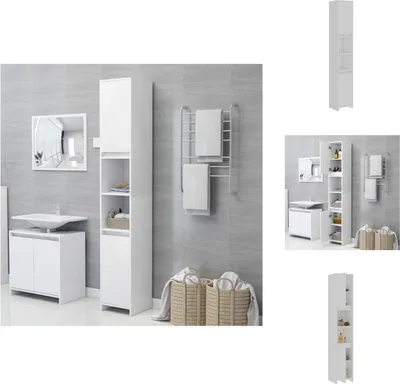 A collage of images showing a white bathroom cabinet in different settings and close-ups.