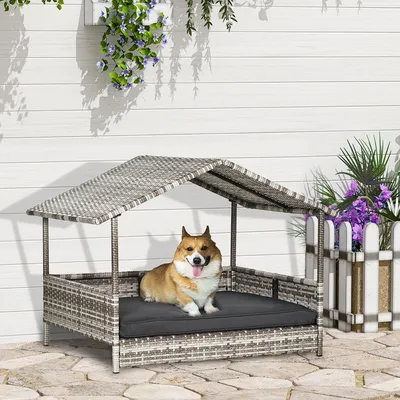 Produktbild von Hundehütte PE-Rattan wetterfest mit Dach, Hundekorb Haustierbett erhöht, PE-Rattan Stahl, Grau | 98x69x73 cm | bis 50 kg | rutschfest