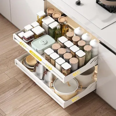 Immagine prodotto di Organizzatori estraibili per armadi da cucina, cassetti telescopici, organizzatori estraibili per cassetti da cucina con sistema a estrazione.