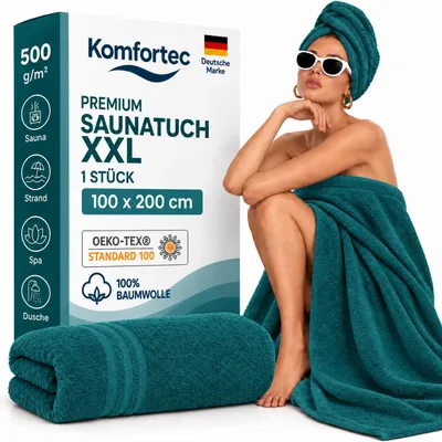 Produktbild von Komfortec Saunatuch 100x200 cm XXL, 100% Baumwolle, 500 g/m², extra große und weiche Duschtücher, saugstark & schnelltrocknend, Petrol