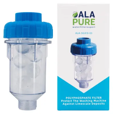 A product shot of a water filter next to its packaging.