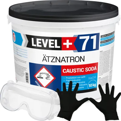 Produktbild von Rohrreiniger Ätznatron Entfetter Perlen Caustic Soda 10kg Eimer Seifenindustrie + Schutzbrille + Nitrillhandschuhe Arbeitsschutz Set RM71