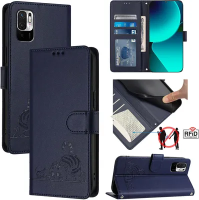 A collage of images showing a blue leather phone case with a cat design, its features, and how it can be used.