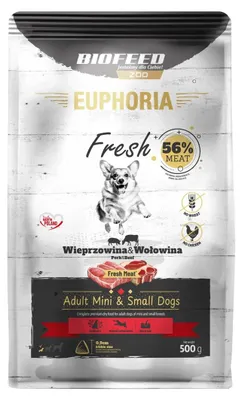 Obrázek produktu pro BIOFEED Euphoria Fresh Adult vepřové a hovězí XS/S - suchá krmiva pro psy - 500 g