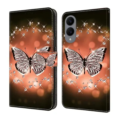 Produktbild von CLM-Tech Handyhülle kompatibel mit Samsung Galaxy S25 Edge Hülle - Tasche aus Kunstleder - Klapphülle mit Ständer und Kartenfächern - Schutzhülle Wallet Case Cover Schmetterling Diamanten Muster