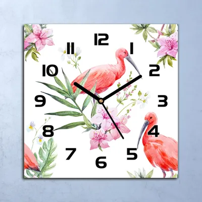 Produktbild von Wanduhr Echt-Glas-Küchenuhr Rote Ibisse und Exotische Blumen 30x30 Deko Bilder
