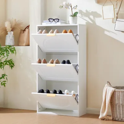 Produktbild von Schuhschränke, Schuhkipper Schmal mit 3 Klappen, Schuhschrank, Schuhkommode für Flur Wohnzimmer 60 x 24 x 114cm