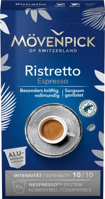 A box of Mövenpick Ristretto Espresso coffee capsules.