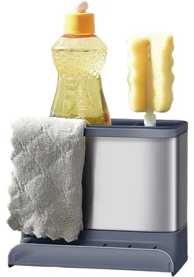 Zdjęcie produktu dla Organizer do zlewozmaka - Stal nierdzewna - 15,4 x 11,4 x 18 cm - Szary - Na gąbki, szczotki i płyn do naczyń