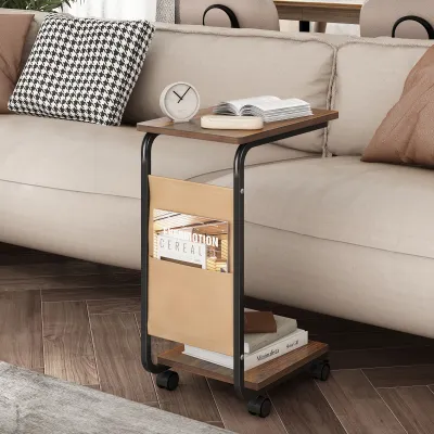 Produktbild von Beistelltische mit Rollen, Beistelltisch, C-Form, Mobiler Kaffeetisch, Laptoptisch, Notebooktisch, Pflegetisch mit Metallgestell, 2 Ebenen, für Wohnz