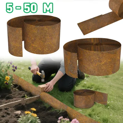 Produktbild von UISEBRT Stahl Rasenkante Naturrost Flachform Höhe 15cm, Länge 50m Beeteinfassung Gartenbegrenzung Rasenabgrenzung