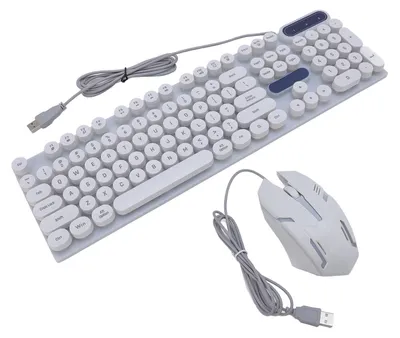 Imagen del producto de Teclado y ratón combo estilo máquina de escribir USB, con retroiluminación, 1600 DPI, diseño retro punk, con teclas redondas, teclado y ratón alámbricos para juegos y trabajo. Set blanco estilo punk, modelo D500