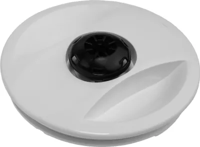 A white lid with a black central component is shown on a white background.