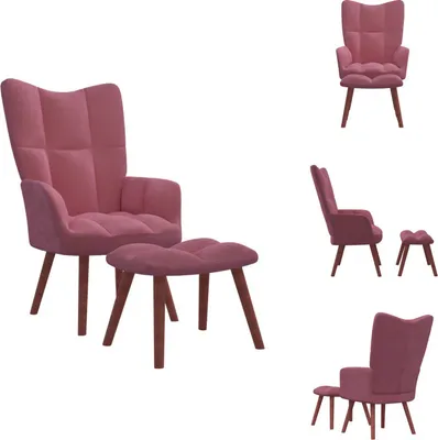 A collage of images showing a pink velvet armchair and ottoman from different angles.