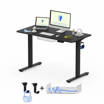 Produktbild von FLEXISPOT EN1 Höhenverstellbarer Schreibtisch 120x60cm elektrisch mit einteiliger Tischplatte, Kabelmanagement und Haken, 4 Memory-Funktion (Schwarz)