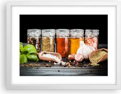 Produktbild von Gerahmtes Poster - Weißer Rahmen - Gewürze Knoblauch Holz Salz - 40x30 cm - Wand Bild - Wanddeko - Wandbilder - Wandposter - Bilderrahmen - Bilder - Kunstdruck - Wandbild - P2WAA40x30-2896