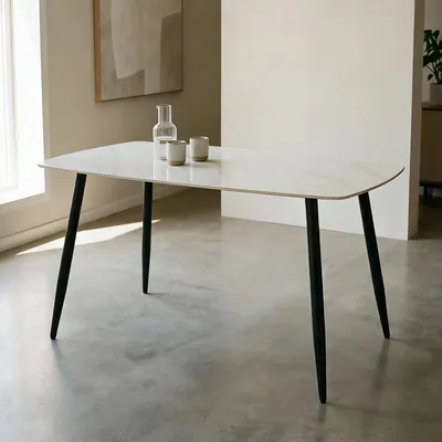 Produktbild von Esstisch MORA mit 140 x 80 cm Keramik Tischplatte, Weiß/Schwarz - rechteckiger Esszimmertisch, robustes Metallgestell, moderner Küchentisch mit abgerundeten Ecken, ideal für den Essbereich