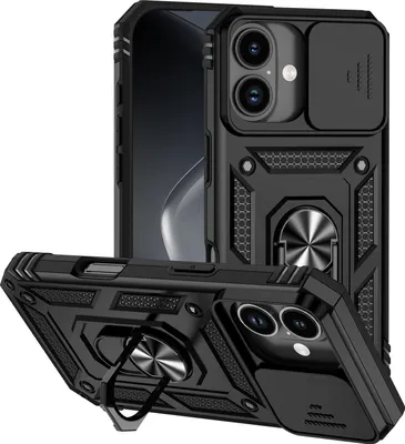 Obrázek produktu pro Pouzdro pro iPhone 17 dvouvrstvé pouzdro s posuvným krytem kamery a prstencovým stojánkem černé