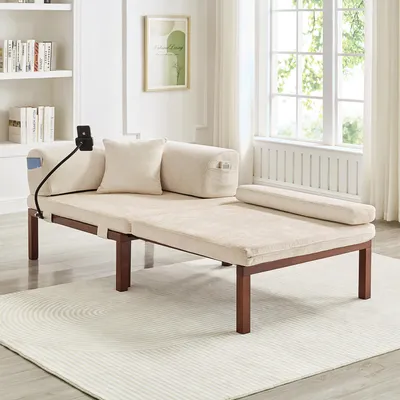 Zdjęcie produktu dla Beżowa rozkładana sofa z litego drewna, wielofunkcyjne łóżko pojedyncze z funkcją rozkładania