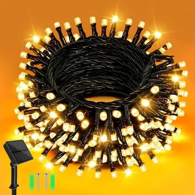 Obrázok produktu pre Solárne svetielka, 5 metrov, 50 LED, teplá biela farba, vonkajšie osvetlenie, 8 režimov, vodotesné (IP65), vhodné do záhrady, na terasu, na svadby a párty