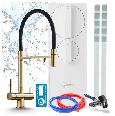 Immagine prodotto di Miscelatore da cucina a tre vie Ari Highflex con sistema di osmosi inversa Ro5 da 400 GPD, senza serbatoio, in ottone, con cartuccia in Vetroceramica, aeratore, finitura oro spazzolato e pompa integrata