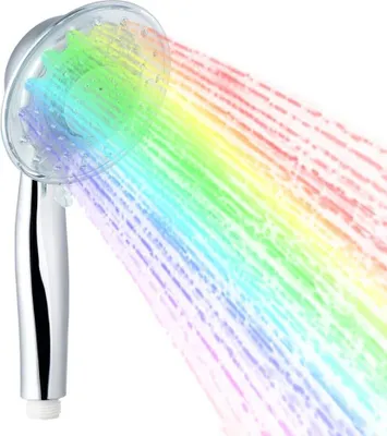 A shower head with rainbow-colored water spraying out.