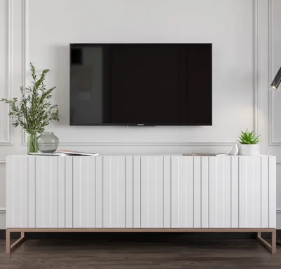 Zdjęcie produktu dla Szafka RTV Glamour Nowoczesna Komoda RTV Biały Mat 150 cm Ryflowane fronty