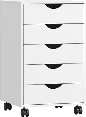 Produktbild von Rollcontainer mit 5 Schubladen, 67 × 40 × 40 cm, Büroschrank aus MDF, mobiler Aktenschrank mit 4 Rollen, 2 Feststellbremsen und Druckerablage, Weiß