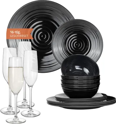 Obrázok produktu pre Melamínová sada kempingového riadu pre 4 osoby Stone Dark Black + 4 poháre Timo Champgner Flûtes Ta Picnic BBQ Cookware
