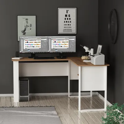 Produktbild von HOMIDEA Randi Eckschreibtisch in L-Form mit Regalen - Moderner Computertisch für Büro und Homeoffice - Weiß/Eiche