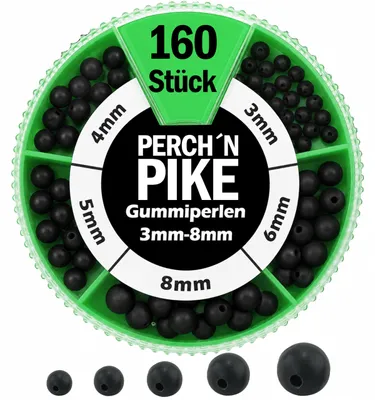 Produktbild von Gummiperlen Set (160 Stück), 3mm bis 8mm Angelzubehör Set, Weiche Perlen zum Angeln als Knotenschutz für Karpfen- & Forellen-Montagen und Feederangen