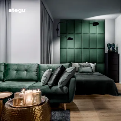 Image de STEGU Panneau rembourré WALL CUSHION Coussin mural Tête de lit en velours vert sauge 60 x 30 cm