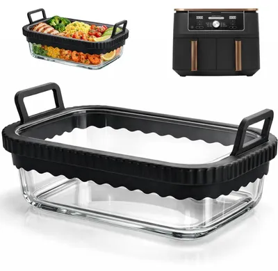 Image de Plat à gratin pour friteuse à air, en verre, sans BPA, avec anneau en silicone amovible, de couleur noire, dimensions : 21x16x7 cm