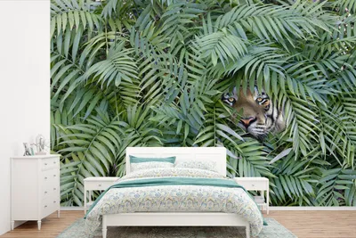 Produktbild von MuchoWow® Fototapete für Wohnzimmer oder Schlafzimmer Wandtapete Vinyl Motivtapete Versteckter Tiger zwischen den Pflanzen - 360x240 cm - Vinyl-Tapete