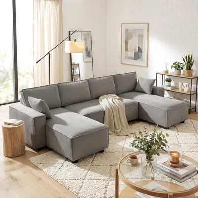 Produktbild von SUGIFT Wohnlandschaft Doppel-Chaiselongue, Ecksofa U-Form Cord, Cordstoff Federkernkissen, Hellgrau | 23,7 kg | 311 x 154 x 91 cm