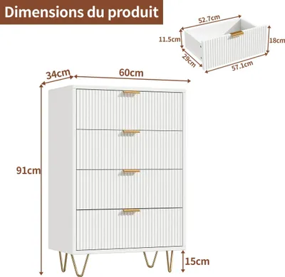 Zdjęcie produktu dla Komoda – komoda z szufladami – 4 szuflady – szerokość 100 cm – do sypialni – drewno – wymaga montażu – biała